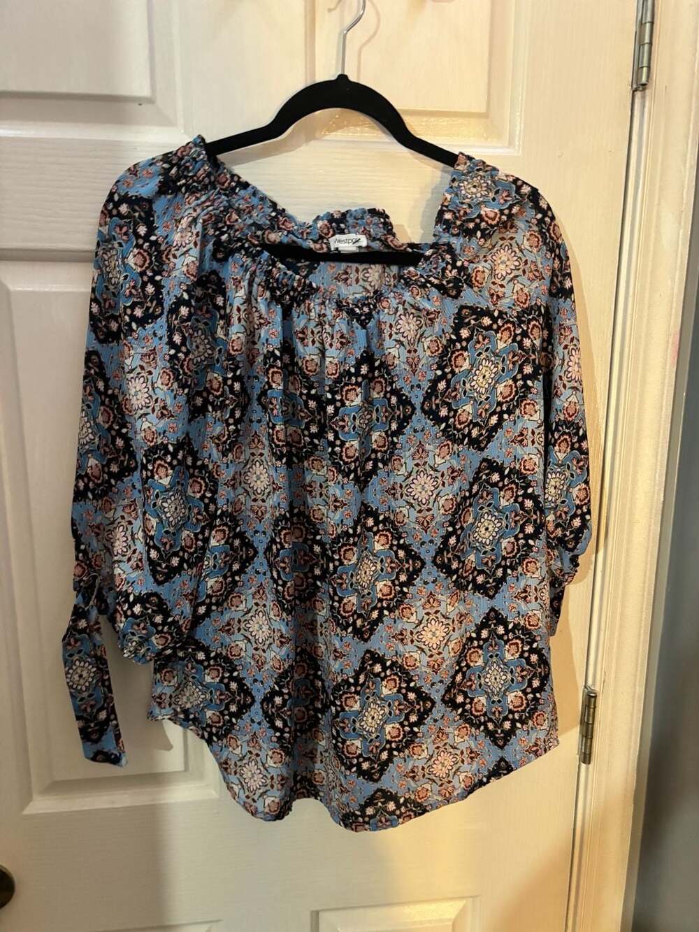 Westport Blue Floral Kaleidoscope Print Peasant Blouse Size XL
